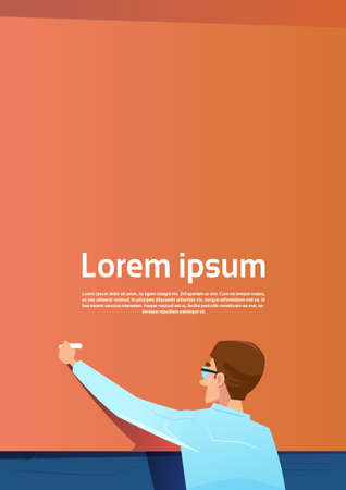 Business Man Back Rear View Writing On Board Copy Space Banner Flat Vector Illustrationのイラスト素材