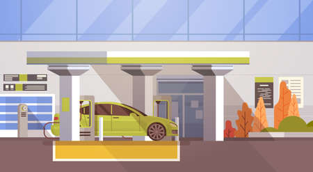 Electrical Car At Charging Station Eco Friendly Vehicle In City Flat Vector Illustrationのイラスト素材