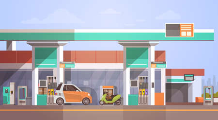 Car Fueling At Gas Petrol Station Flat Vector Illustrationのイラスト素材