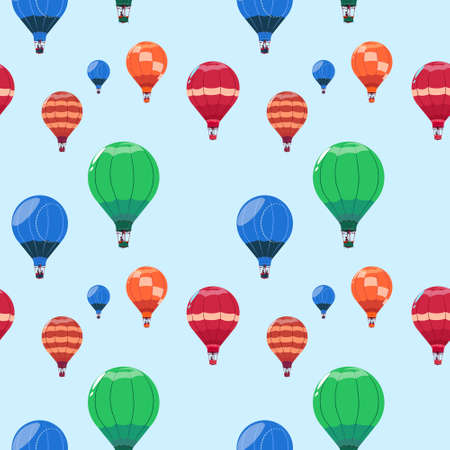 Colorful Air Balloons Baskets Flying Seamless Pattern Vector Illustrationのイラスト素材