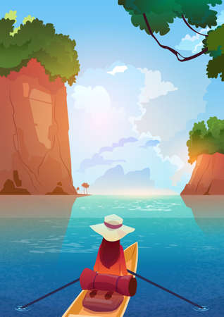 Woman Floating In Boat In Mountains Lake Summer Adventure Vacation Concept Flat Vector Illustrationのイラスト素材