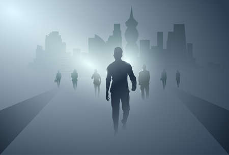 Business People Group Silhouette Making Step Forward Full Length Over Shadow City Background Vector Illustrationのイラスト素材