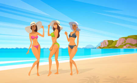 Three Woman In Bikini On Beach, Sexy Girls Wear Hat On Summer Sea Vacation Flat Vector Illustrationのイラスト素材