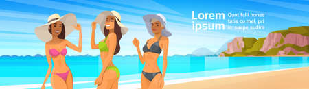 Three Woman In Bikini On Beach, Sexy Girls Wear Hat On Summer Sea Vacation Flat Vector Illustrationのイラスト素材