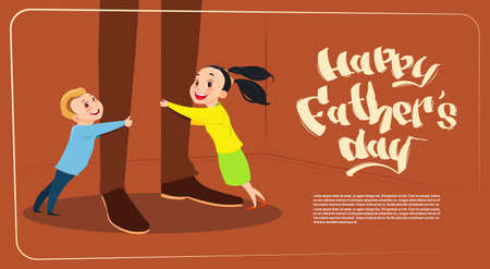 Happy Father Day Family Holiday, Daughter And Son Embracing Dad Legs Greeting Card Flat Vector Illustrationのイラスト素材