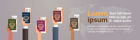 Hands Group Holding Passport Ticket Boarding Pass Travel Document Over World Map Background Flat Vector Illustrationのイラスト素材