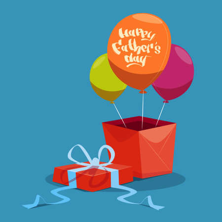 Happy Father Day Family Holiday, Present Box And Air Balloon Greeting Card Flat Vector Illustrationのイラスト素材