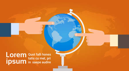 Hands Group Point Finger On Globe Travel Destination Concept Tourism Flat Vector Illustrationのイラスト素材