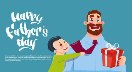 Happy Father Day Family Holiday, Son Embracing Dad Holding Present Box Greeting Card Flat Vector Illustrationのイラスト素材