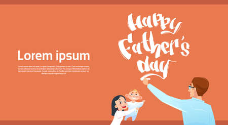 Happy Father Day Family Holiday, Daughter And Son Congradulating Dad Greeting Card Flat Vector Illustrationのイラスト素材