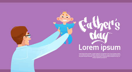 Happy Father Day Family Holiday, Dad Hold Infant Son Greeting Card Flat Vector Illustrationのイラスト素材