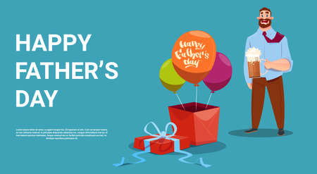 Happy Father Day Family Holiday, Dad Hold Beer Glass Present Box And Air Balloon Greeting Card Flat Vector Illustrationのイラスト素材