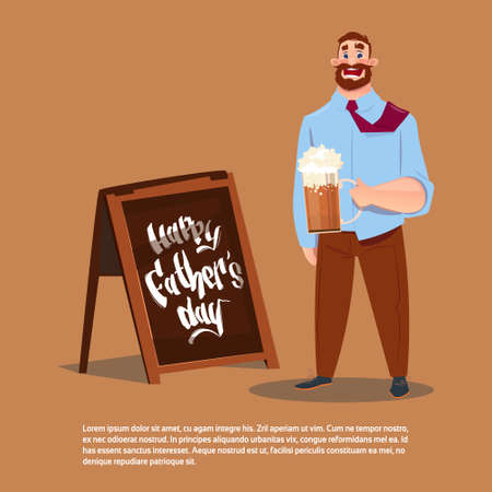 Happy Father Day Family Holiday, Dad Hold Beer Glass Celebrating Greeting Card Flat Vector Illustrationのイラスト素材