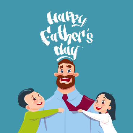 Happy Father Day Family Holiday, Daughter And Son Embracing Dad Greeting Card Flat Vector Illustrationのイラスト素材