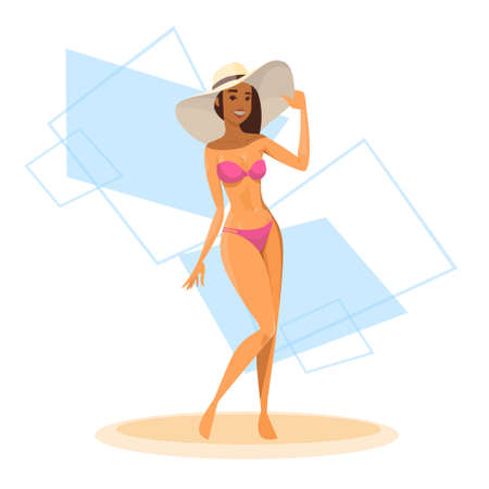 Tanned Woman In Bikini, Long Leg Sexy Girl Wear Hat Over Abstract Background Flat Vector Illustrationのイラスト素材