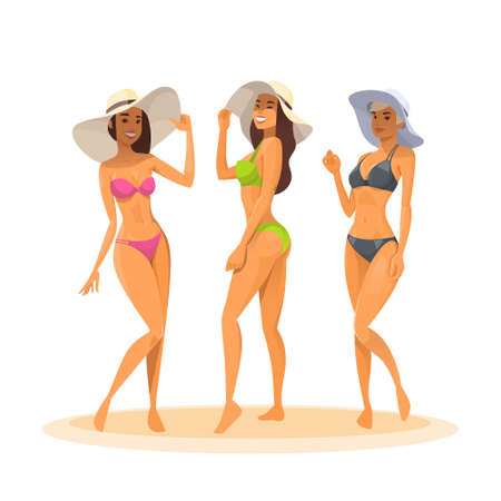 Three Woman In Bikini, Full Length Long Leg Sexy Girls Wear Hat Happy Smiling Flat Vector Illustrationのイラスト素材