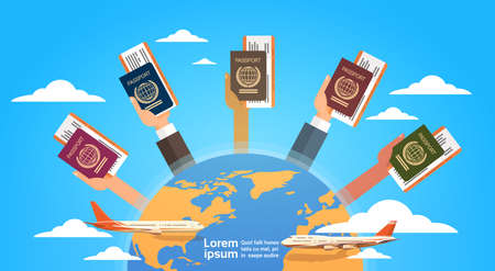 Hands Group Holding Passport Ticket Boarding Pass Travel Document Over World Map Background Flat Vector Illustrationのイラスト素材