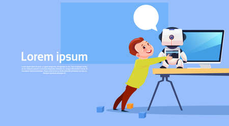 Small Boy Using Laptop Computer With Modern Robot, Futuristic Artificial Intelligence Technology Concept Flat Vector Illustrationのイラスト素材