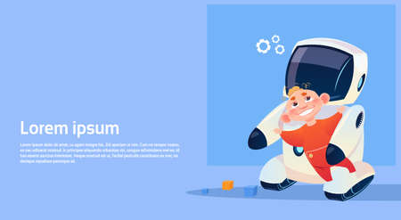 Small Boy Playing With Modern Robot, Futuristic Artificial Intelligence Technology Concept Flat Vector Illustrationのイラスト素材