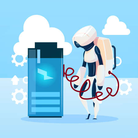 Modern Robot Charging Battery, Futuristic Artificial Intelligence Mechanism Technology Flat Vector Illustrationのイラスト素材