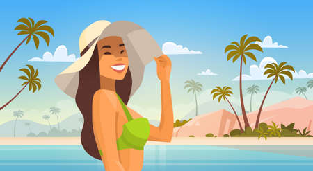Woman in Tropical Beach, Smiling Girl Wear Hat On Summer Sea Vacation Flat Vector Illustrationのイラスト素材