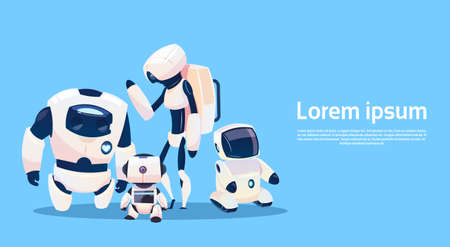 Modern Robots Group, Futuristic Artificial Intelligence Mechanism Technology Flat Vector Illustrationのイラスト素材