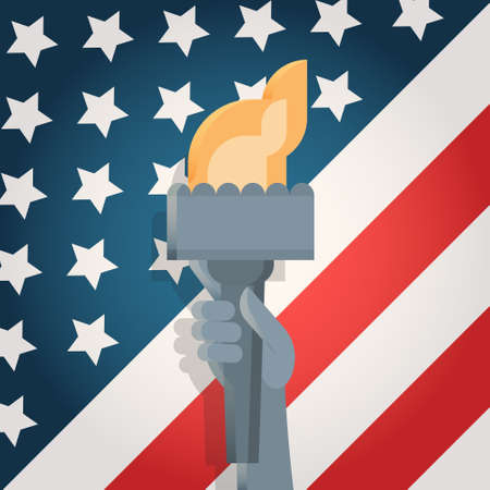 Liberty Statue Hand Holding Torch Over United States Flag Independence Day Holiday 4 July Banner Flat Vector Illustrationのイラスト素材