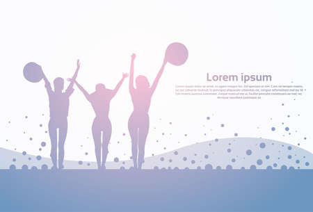 Black Silhouette Girls Group Cheerful Raised Hands Full Length Happy Woman Holding Hats Flat Vector Illustrationのイラスト素材