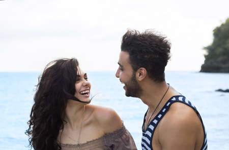 Couple On Beach Summer Vacation, Beautiful Young Happy People In Love, Man And Woman Smile Sea Ocean...
