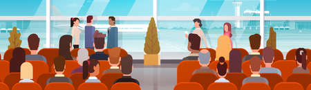 Traveler People in Airport Hall Departure Terminal Travel, Passenger Sitting in Waiting Room Flat Vector Illustrationのイラスト素材