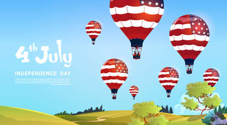 United States Flag Colored Air Balloons Flying In Sky Independence Day Holiday 4 July Banner Greeting Card Flat Vector Illustrationのイラスト素材
