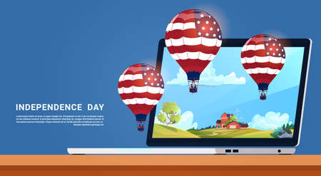 United States Flag Colored Air Balloons Flying From Tablet Computer Independence Day Holiday 4 July Banner Greeting Card Flat Vector Illustrationのイラスト素材