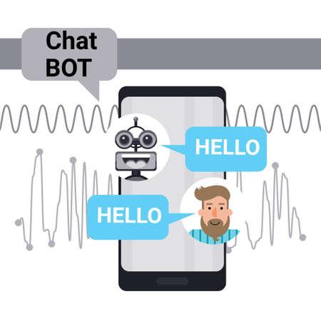Man Chatting With Chat Bot On Cell Smart Phone, Robot Virtual Assistance Element Of Website Or...