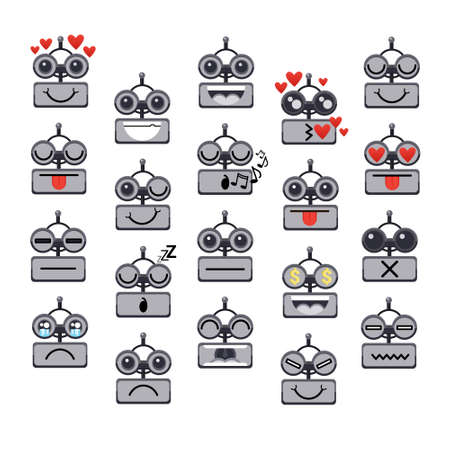 Cartoon Robot Face Smiling Cute Emotion Negative And Positive Chat Bot Icon Set Flat Vector Illustrationのイラスト素材