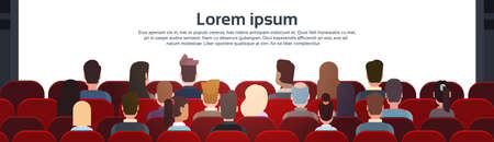 People Sit Cinema Hall Back Rear View Looking Ar Screen With Copy Space Flat Vector Illustrationのイラスト素材