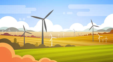 Wind Turbine Tower In Field Blue Sky Alternative Energy Source Technology Flat Vector Illustrationのイラスト素材