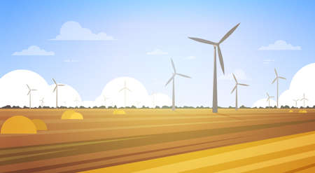 Wind Turbine Tower In Field Blue Sky Alternative Energy Source Technology Flat Vector Illustrationのイラスト素材