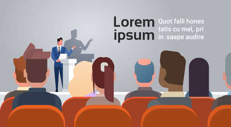 Business People Group at Conference Meeting Training Courses Speaker Standing At Tribune Flat Vector Illustrationのイラスト素材