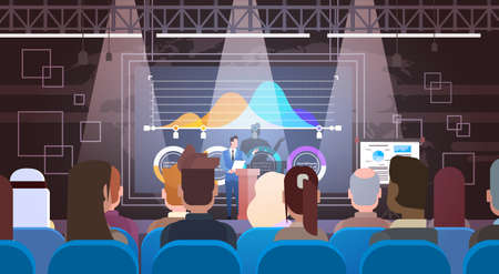 Business People Group at Conference Meeting Training Courses Flip Chart with Graph Flat Vector Illustrationのイラスト素材