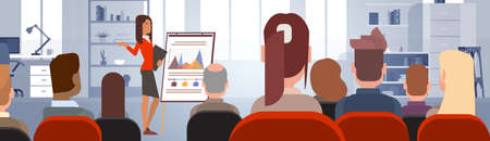 Business People Group at Conference Meeting Training Courses Flip Chart with Graph Flat Vector Illustrationのイラスト素材