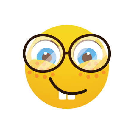 Yellow Smiling Cartoon Face Wear Glasses Positive People Emotion Icon Flat Vector Illustrationのイラスト素材