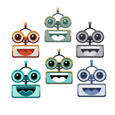 Cartoon Robot Face Smiling Cute Emotion Open Mouth Chat Bot Icon Set Flat Vector Illustrationのイラスト素材