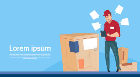 Courier Man Use Tablet Box Delivery Package Post Service Banner Copy Space Flat Vector Illustrationのイラスト素材