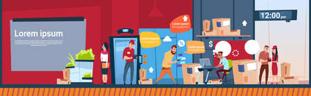 Courier Man And Woman Carry Boxes Delivery Package Post Service Warehouse Interior Banner Copy Space Flat Vector Illustrationのイラスト素材