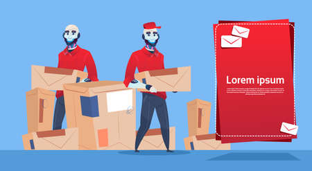 Courier Robots Carry Box Delivery Package Post Service Banner Copy Space Flat Vector Illustrationのイラスト素材