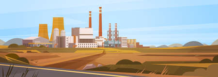 Factory Building Nature Pollution Plant Pipe Waste Banner Flat Vector Illustrationのイラスト素材
