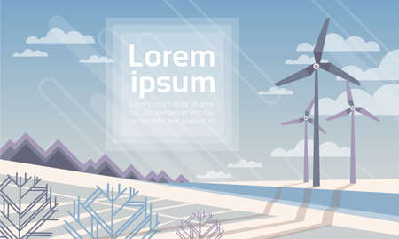 Wind Turbine Tower In Winter Snow Field Alternative Energy Source Technology Flat Vector Illustrationのイラスト素材