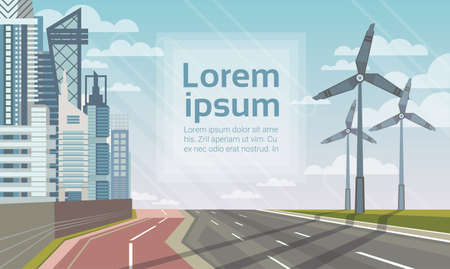 Wind Turbine Tower Over City Landscape Alternative Energy Source Technology Flat Vector Illustrationのイラスト素材