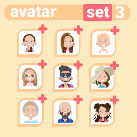Profile Icon Male And Female Avatar Set, Man Woman Cartoon Portrait, Casual Person Face Collection Flat Vector Illustrationのイラスト素材