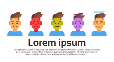 Profile Icon Male Different Emotion Set Avatar, Man Cartoon Portrait Face Collection Vector Illustrationのイラスト素材